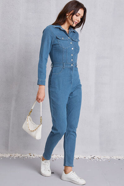 Snap Down Denim Jumpsuit with Pockets - Flyclothing LLC