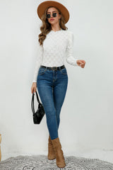 Round Neck Eyelet Long Sleeve Blouse - Flyclothing LLC