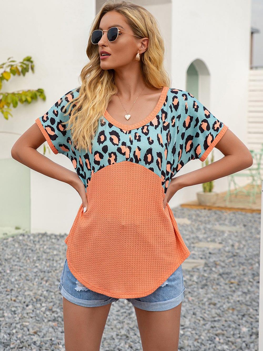 Leopard Waffle-Knit Short Sleeve Top - Trendsi