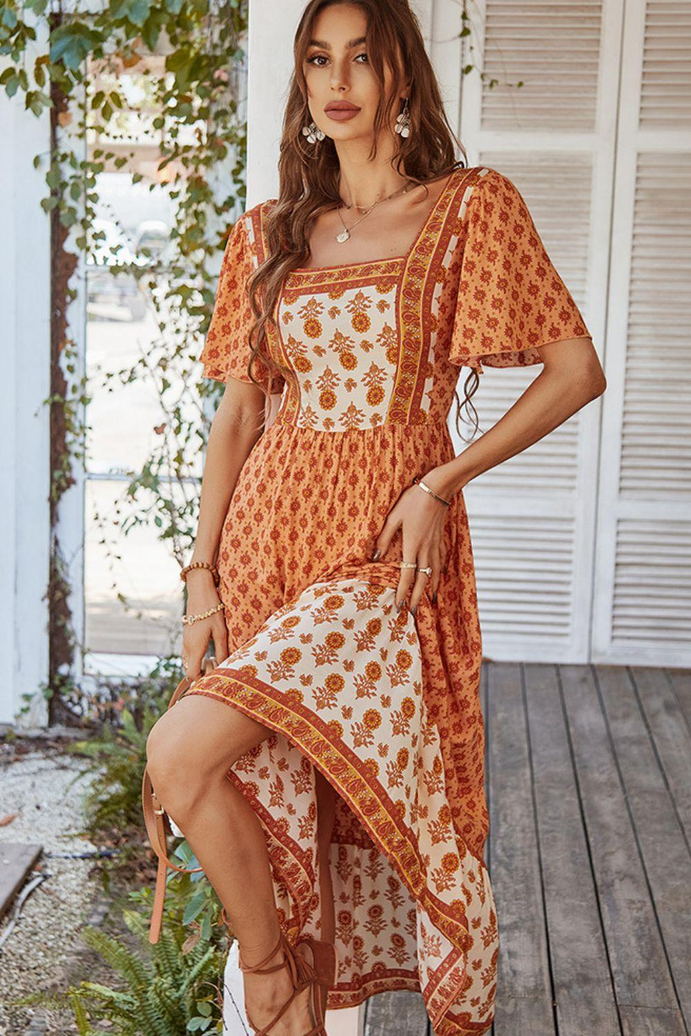 Bohemian Square Neck Flutter Sleeve Maxi Dress - Flyclothing LLC