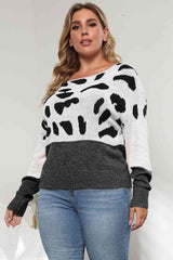 Plus Size Leopard Round Neck Long Sleeve Sweater - Trendsi