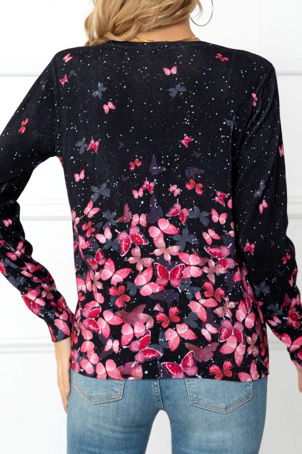 Floral Button Front Round Neck Cardigan - Flyclothing LLC