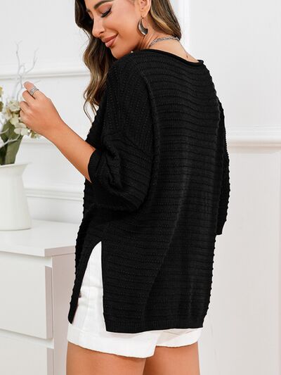 Rolled Round Neck Dropped Shoulder Slit Sweater - Flyclothing LLC