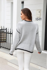 Round Neck Long Sleeve Waffle-Knit Sweater - Flyclothing LLC