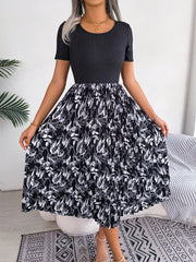 Printed Round Neck Pleated Dress - Flyclothing LLC