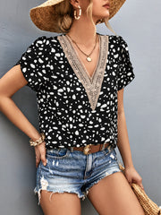 Animal Print V-Neck Petal Sleeve Blouse - Flyclothing LLC