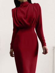 Ruched Turtleneck Long Sleeve Dress - Flyclothing LLC