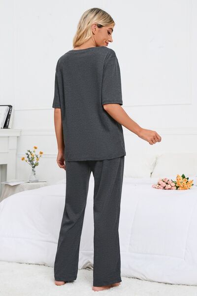 Slit Round Neck Top and Pants Lounge Set - Flyclothing LLC