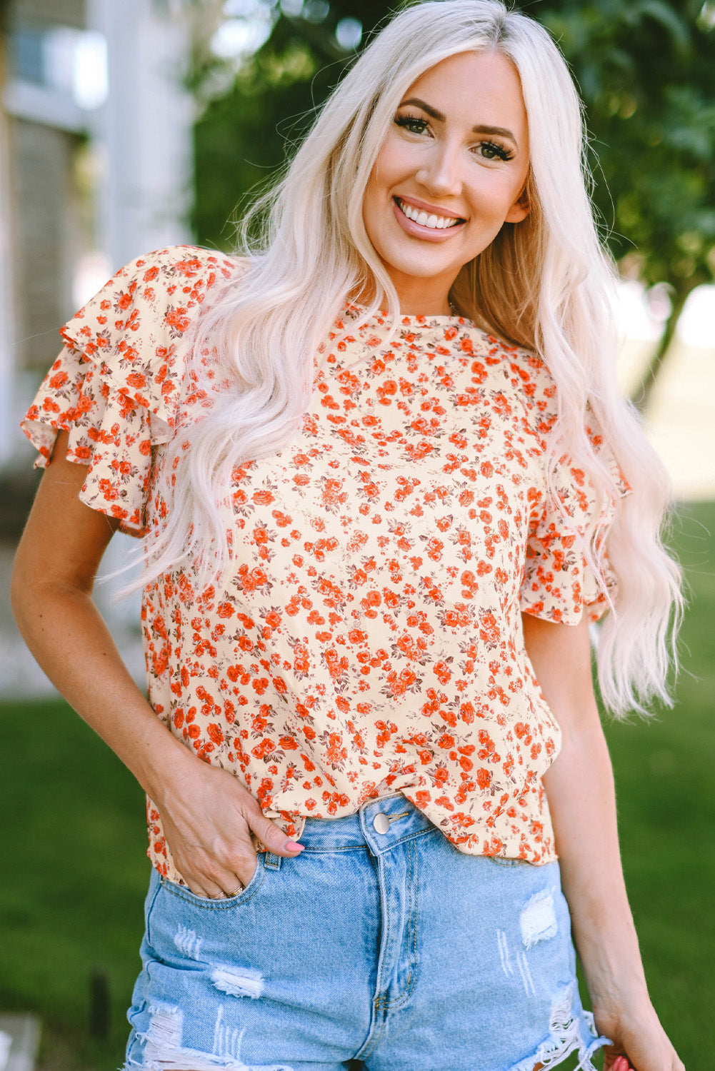 Floral Round Neck Flutter Sleeve Blouse - Flyclothing LLC