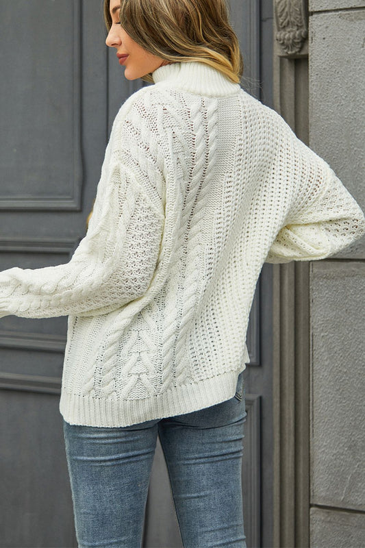 Cable-Knit Turtle Neck Long Sleeve Sweater - Trendsi