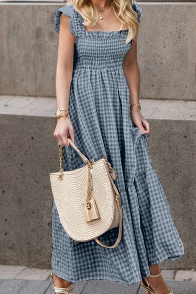 Full Size Smocked Ruffled Plaid Ruffle Hem Dress - Trendsi