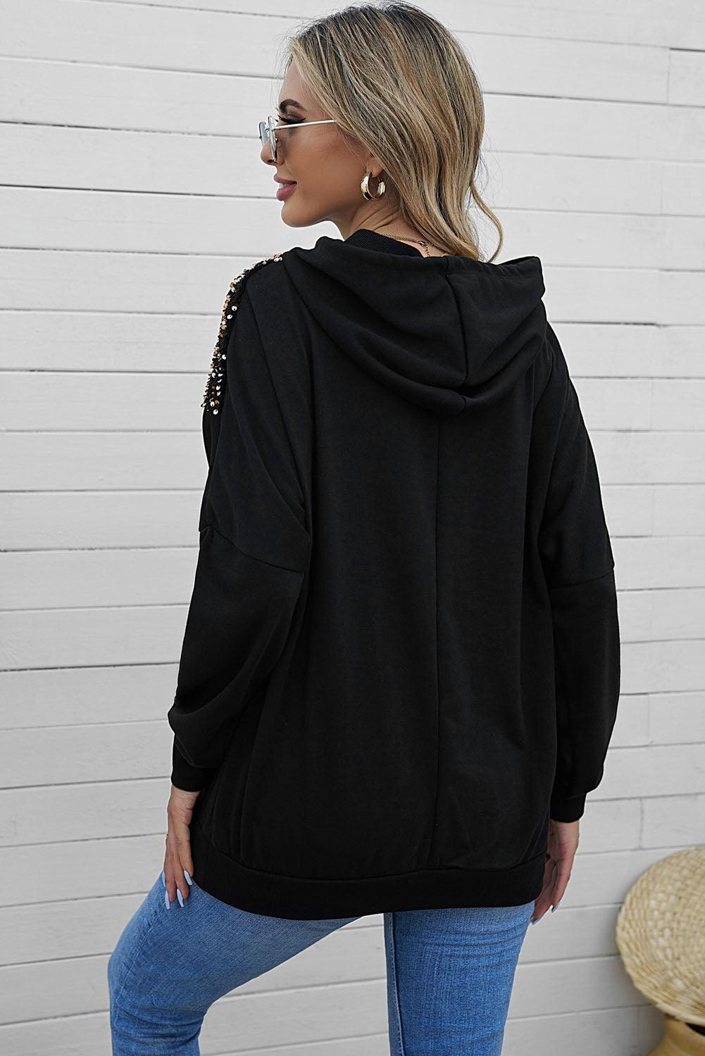 Trendsi Chevron Sequin Drawstring Hoodie