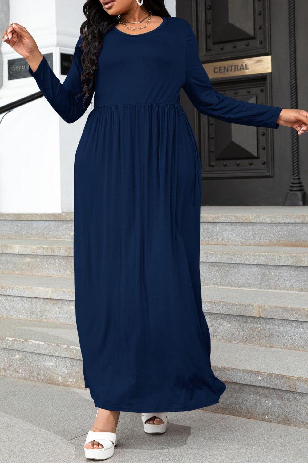 Plus Size Round Neck Long Sleeve Maxi Dress with Pockets - Flyclothing LLC