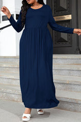 Plus Size Round Neck Long Sleeve Maxi Dress with Pockets - Flyclothing LLC