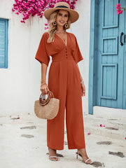 Decorative Button V-Neck Half Sleeve Jumpsuit - Flyclothing LLC