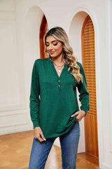 Buttoned Notched Neck Long Sleeve Top - Flyclothing LLC