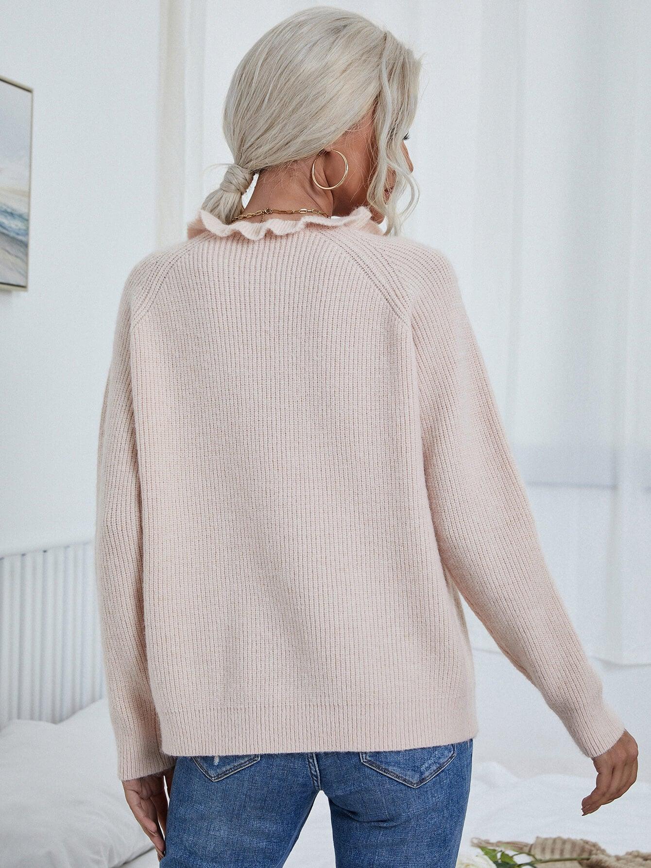 Button Detail Frill Neck Rib-Knit Sweater - Trendsi