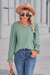 Lace Trim V-Neck Flounce Sleeve Top - Trendsi