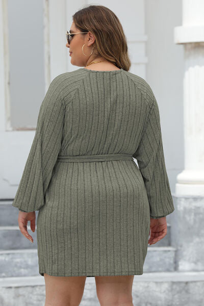 Plus Size Ribbed Tie Front Long Sleeve Sweater Dress - Flyclothing LLC