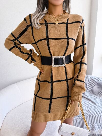 Plaid Round Neck Dropped Shoulder Sweater Dress - Flyclothing LLC