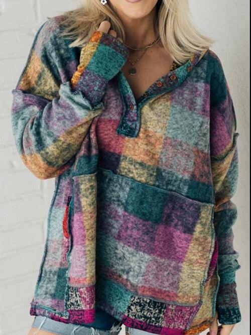 Multicolor Brushed Plaid Buttoned Pullover Oversized Hoodie - Flyclothing LLC