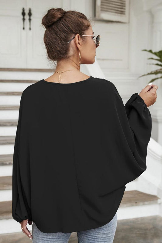 Tie Neck Balloon Sleeve Blouse - Flyclothing LLC