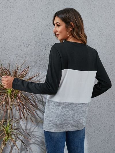 Color Block Round Neck Long Sleeve T-Shirt - Trendsi