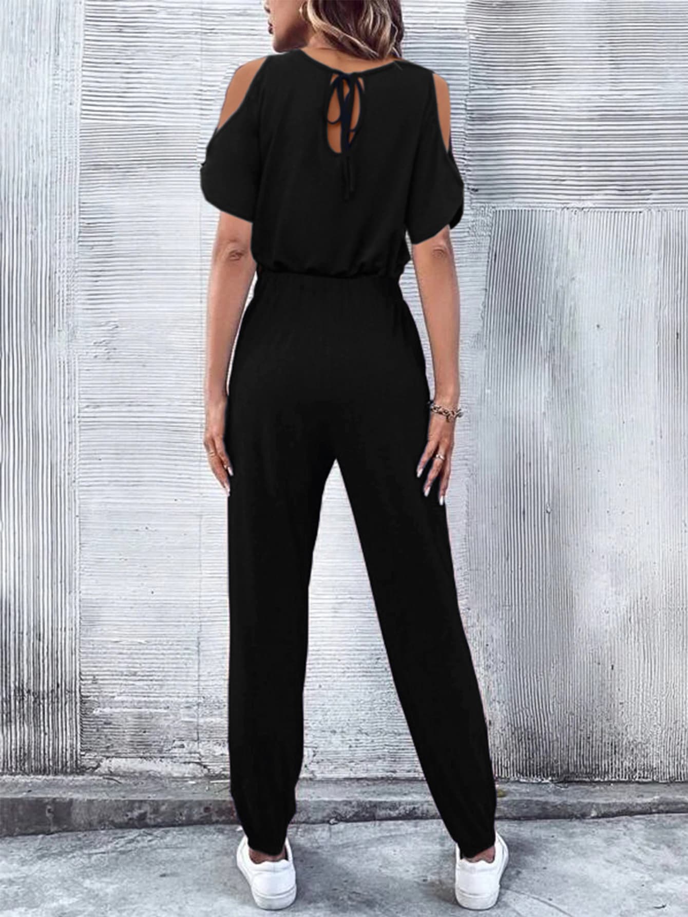 V-Neck Cold-Shoulder Jumpsuit with Pockets - Flyclothing LLC