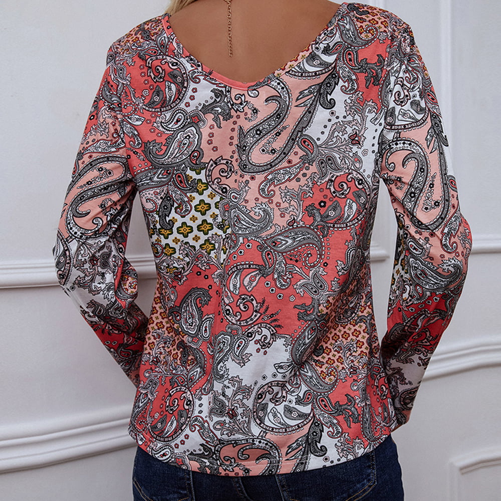 Printed V-Neck Long Sleeve Blouse - Flyclothing LLC