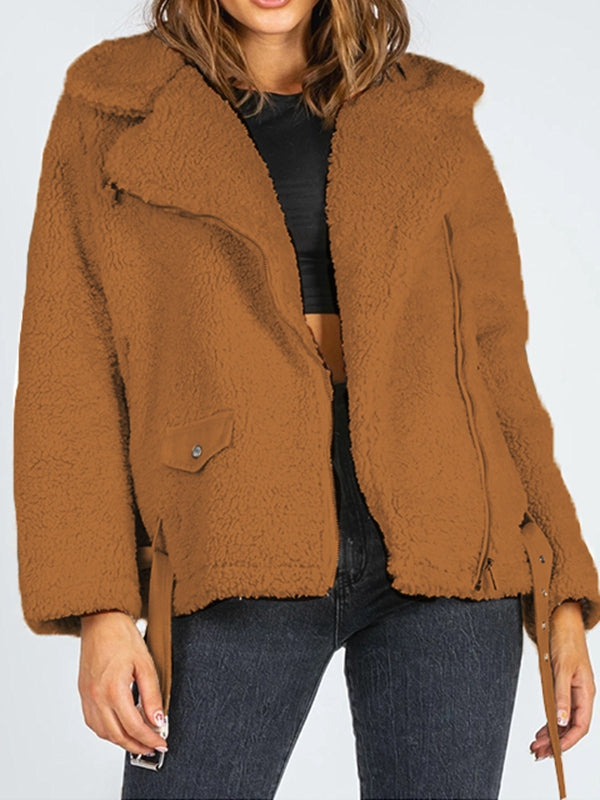 Zip-Up Belted Sherpa Jacket - Flyclothing LLC