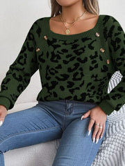 Leopard Buttoned Square Neck Sweater - Flyclothing LLC