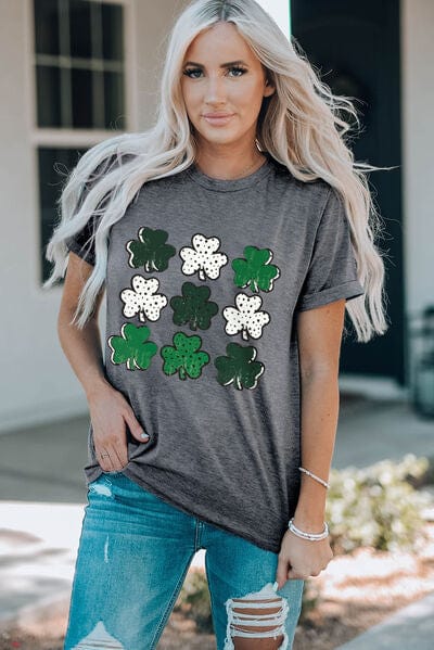 Lucky Clover Round Neck Short Sleeve T-Shirt - Trendsi