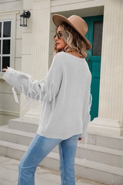 Fringe Round Neck Dropped Shoulder Sweater - Flyclothing LLC