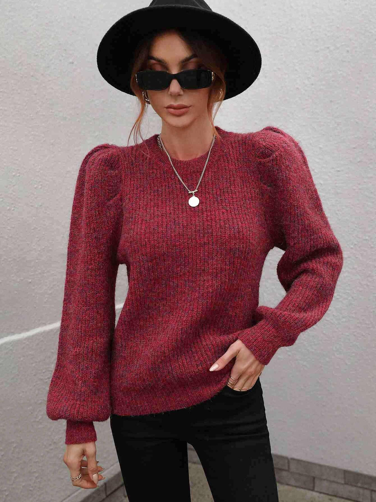 Heathered Long Lantern Sleeve Rib-Knit Sweater - Trendsi