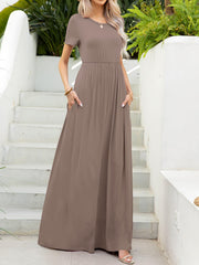 Round Neck Short Sleeve Maxi Dress with Pockets - Flyclothing LLC