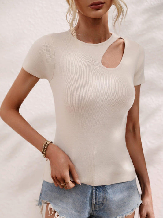 Cutout Round Neck Short Sleeve Knit Top - Trendsi