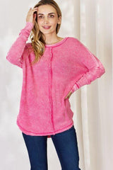 Zenana Oversized Washed Waffle Long Sleeve Top - Flyclothing LLC