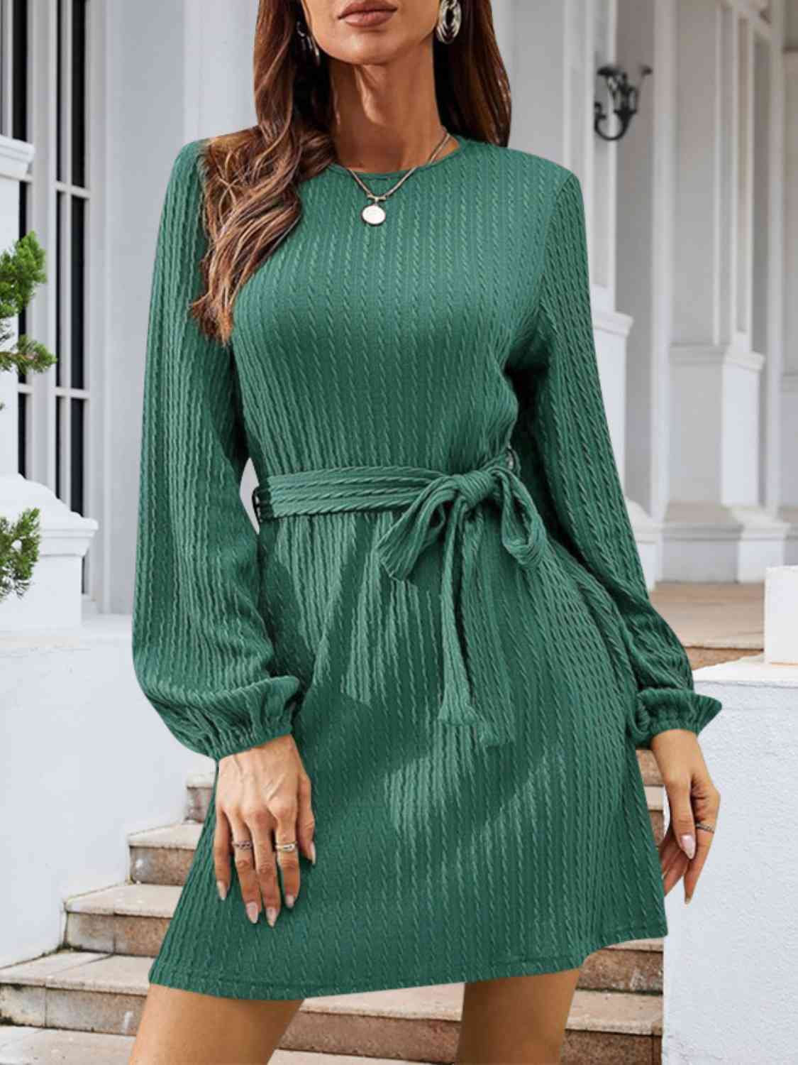 Round Neck Tie Front Long Sleeve Dress - Flyclothing LLC