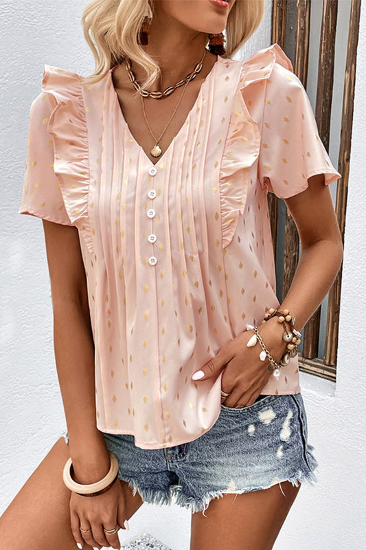 Printed Ruffle Trim Pleated Detail Blouse - Flyclothing LLC