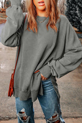 Dropped Shoulder Round Neck Long Sleeve Blouse - Flyclothing LLC