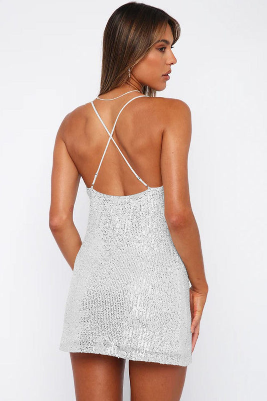 Cowl Neck Contrast Sequin Sleeveless Mini Dress - Trendsi