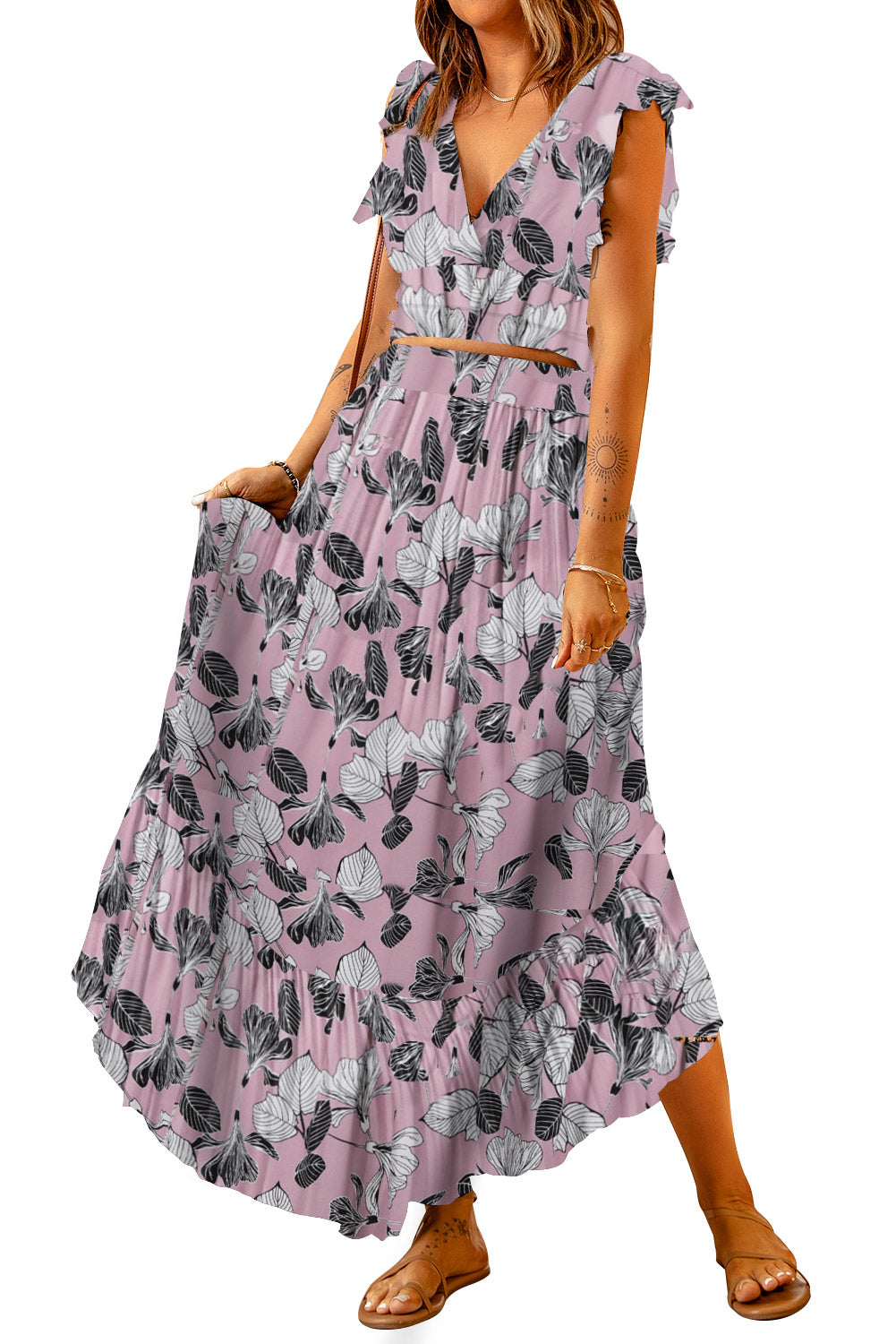 Printed Tie Back Cropped Top and Maxi Skirt Set - Flyclothing LLC