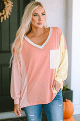 Color Block V-Neck Dropped Shoulder Sweatshirt with Pocket - Flyclothing LLC