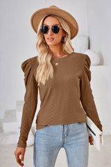 Round Neck Puff Sleeve Blouse - Flyclothing LLC