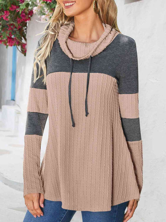 Contrast Drawstring Long Sleeve Top - Flyclothing LLC