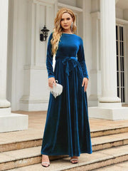 Tie Front Round Neck Long Sleeve Maxi Dress - Flyclothing LLC