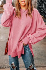 Dropped Shoulder Round Neck Long Sleeve Blouse - Flyclothing LLC