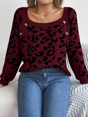 Leopard Buttoned Square Neck Sweater - Flyclothing LLC