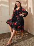 Plus Size Floral Surplice Neck Tie Waist Dress - Trendsi