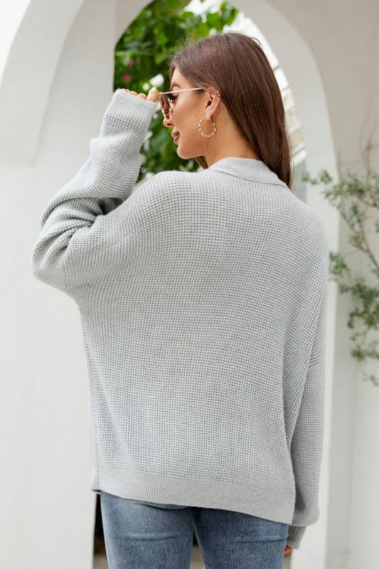 Waffle-Knit Dropped Shoulder Cardigan - Flyclothing LLC